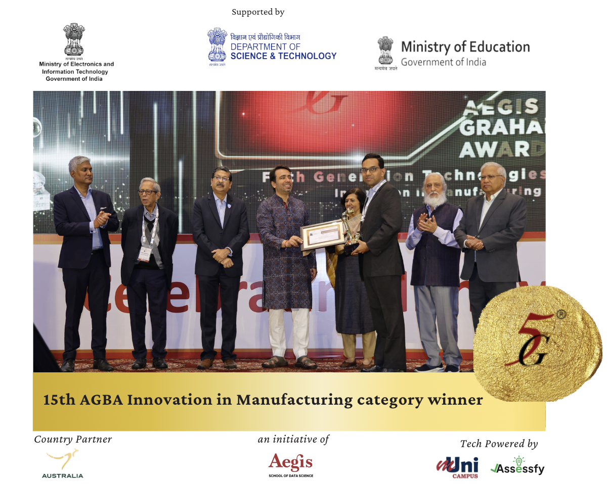 Fifth Generation team receiving the Aegis Graham Bell Award in the Innovation in Manufacturing category from Hon’ble Minister Jayant Chaudhary.